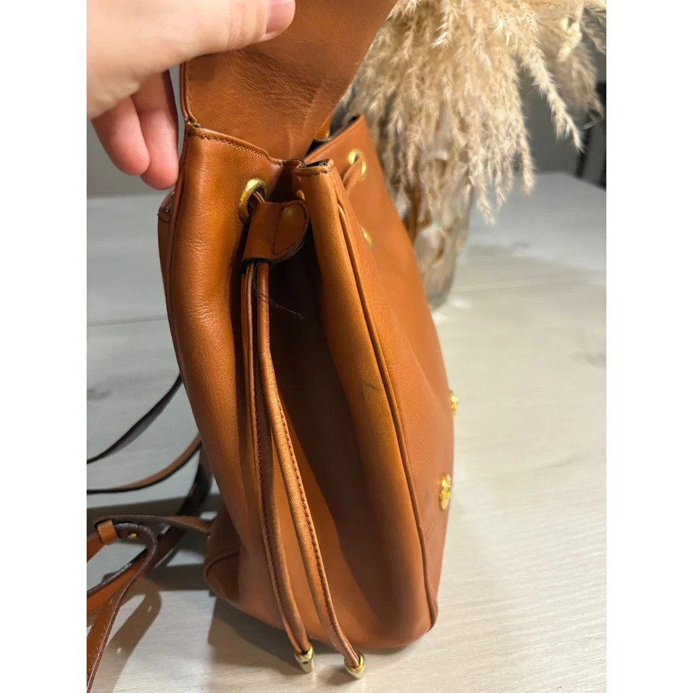 Givenchy Vintage Tan Leather Drawstring Backpack Gold Hardware Studded Logo‎